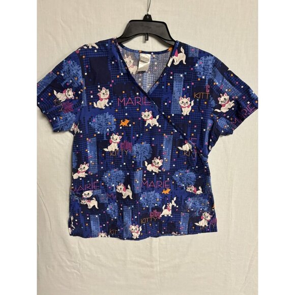 Disney Aristocats Navy M Blue Scrub Top Nursing Uniform 2 Pocket Women Clothing - Picture 1 of 9